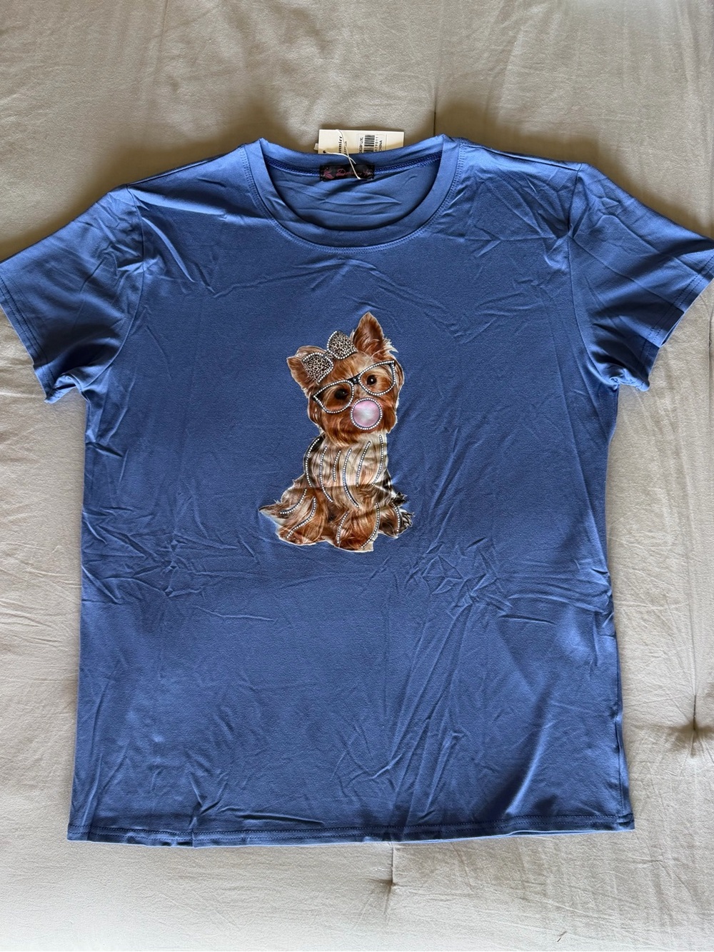 Women’s Blue Yorkie Rhinestone Graphic Tee L-XL NWT